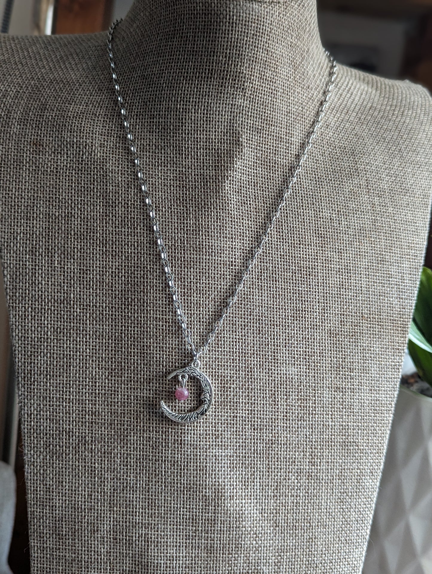 Pink Tourmaline Silver Crescent Moon Necklace