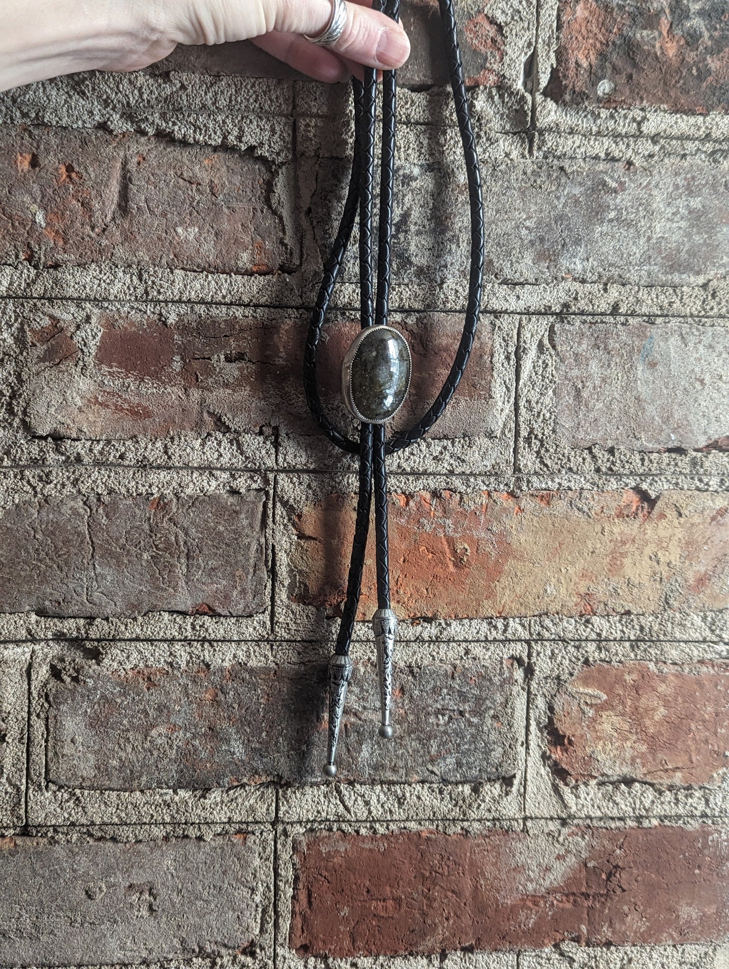 Large Labradorite Black Leather Bolo Tie (discounted)