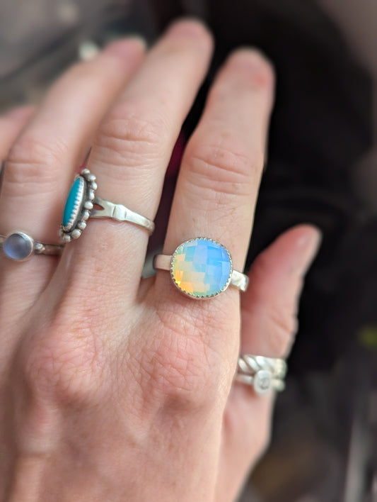 Faceted Opalite Round Silver Ring - Size 8