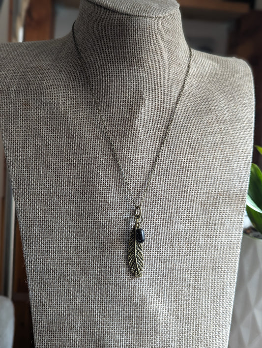 Brass Feather with Shungite Necklace