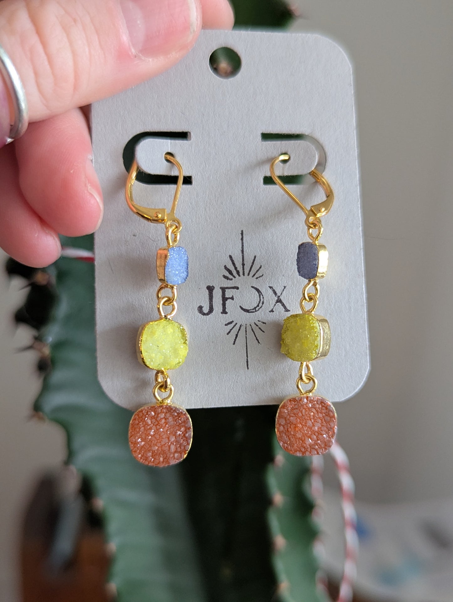 Yellow, Orange, Blue Druzy Trio Gold Hoop Earrlings