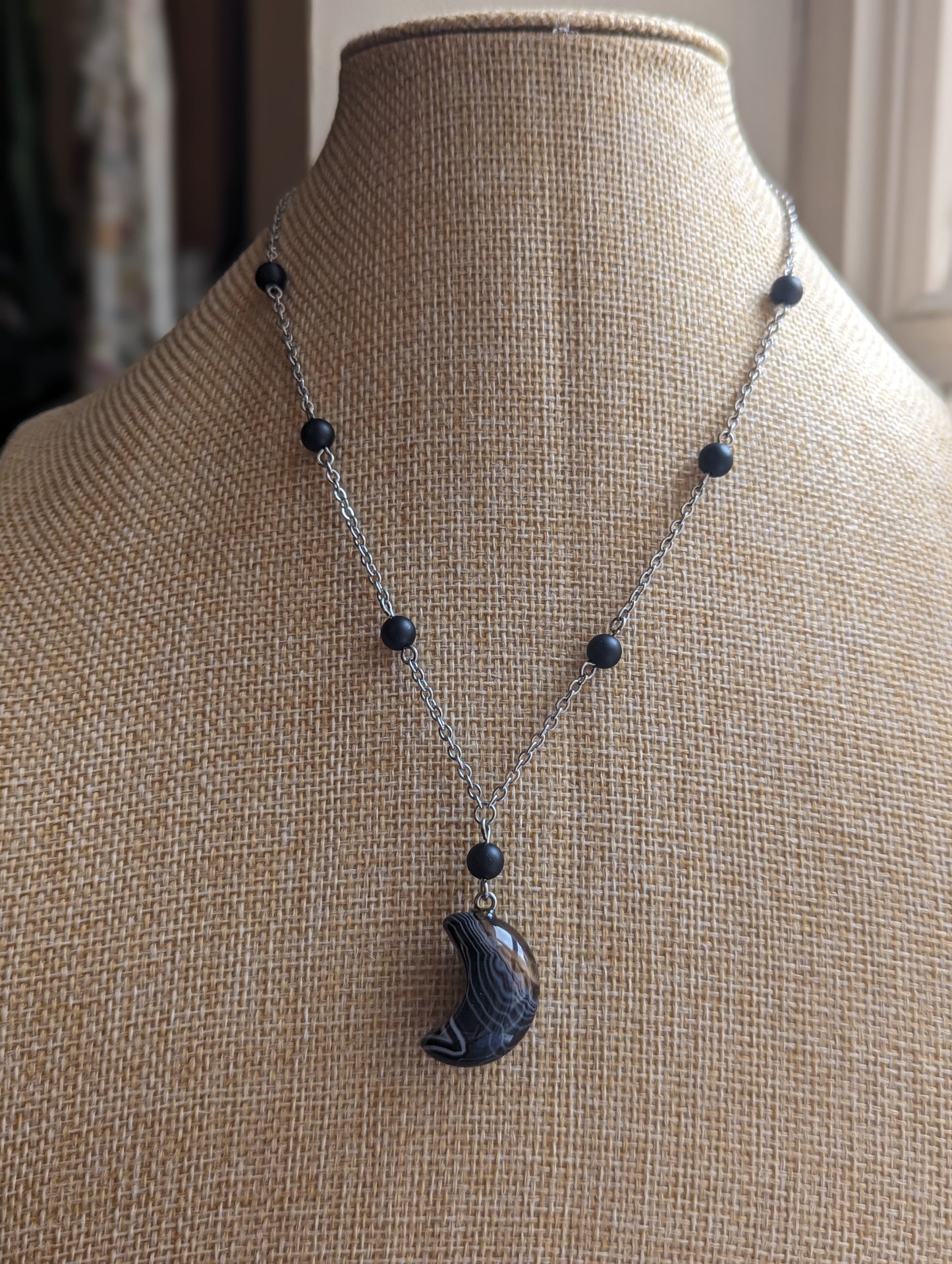 Black Agate Crescent Moon and Onyx on Stainless Necklace