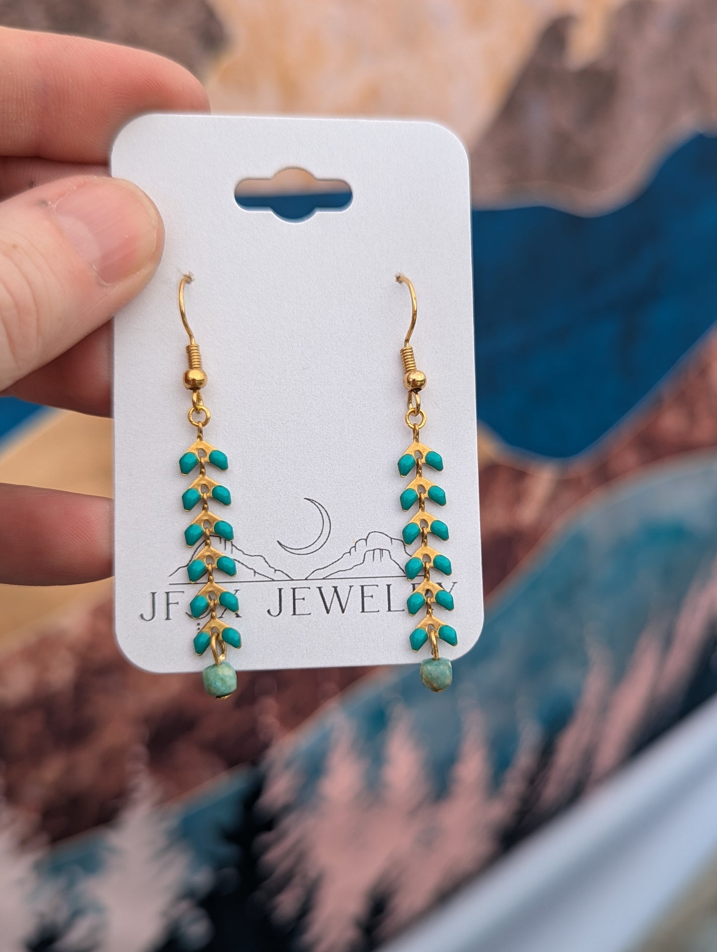 Turquoise Enamel Gold Chevron Earrings