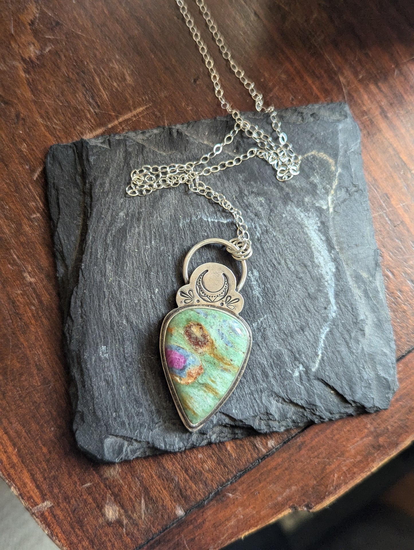 Ruby Fuchsite Crescent Moon Necklace