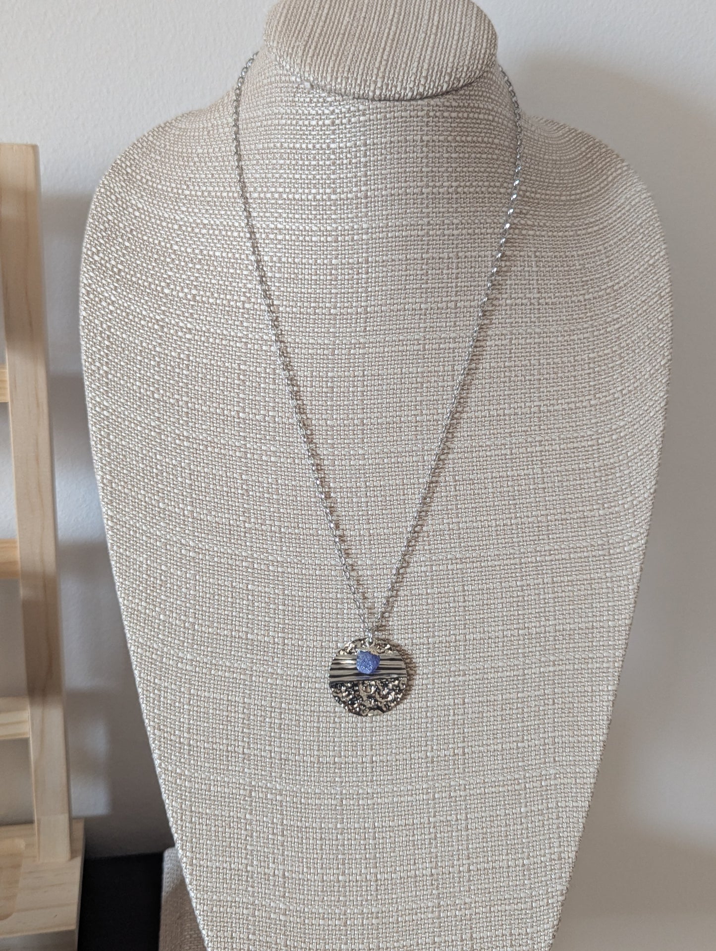 Silver Round Textured Raw Gemstone Silver Necklace