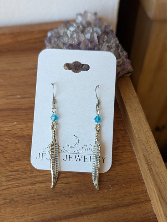 Silver Feather With Blue Accent Bead Earrings