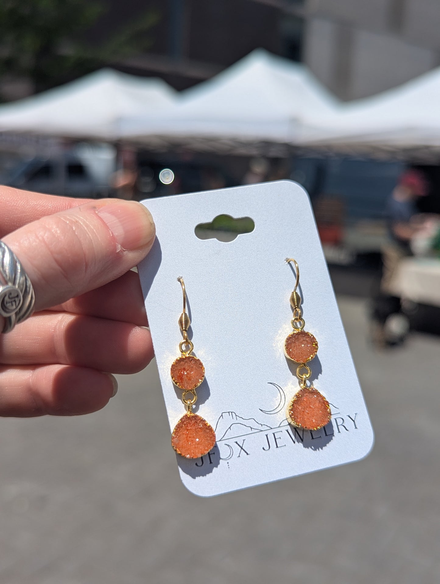 Bright Orange Druzy Duo Gold Earrings