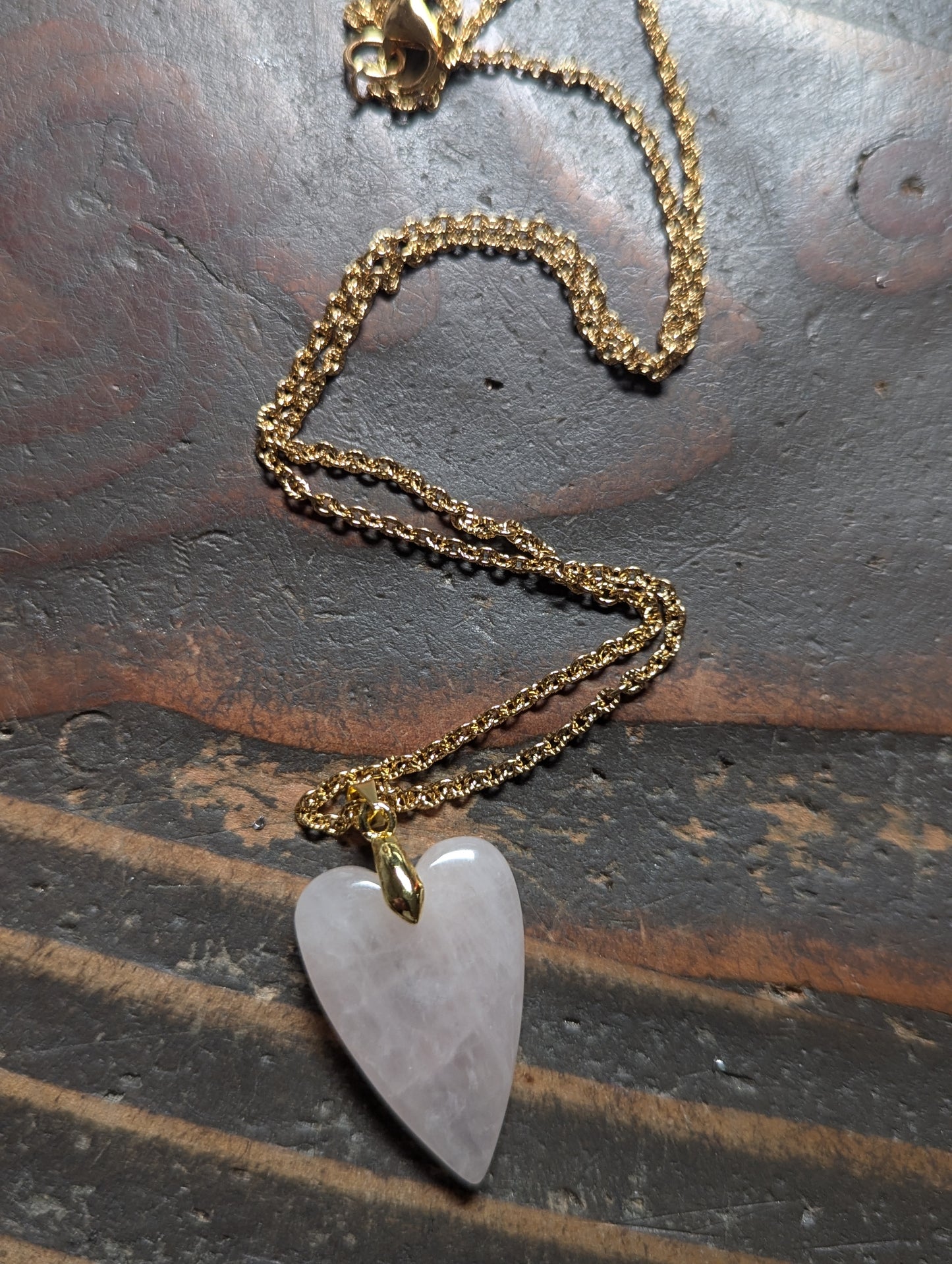 Rose Quartz Heart Pendant (Silver or Gold) Stainless