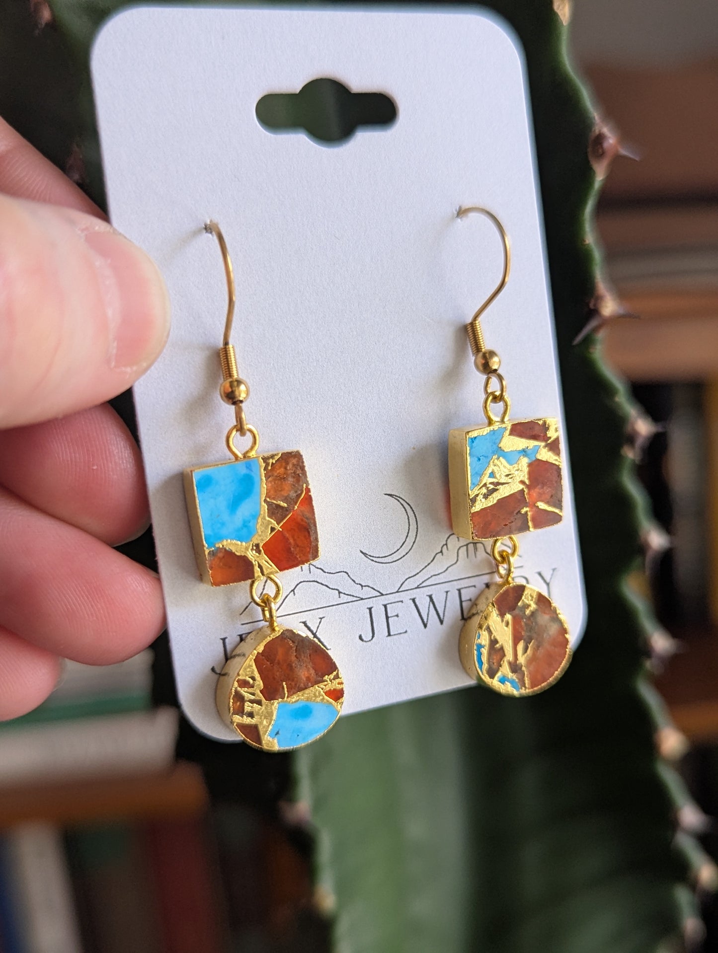 Orange and Turquoise Gold Mosaic Duo Earrings