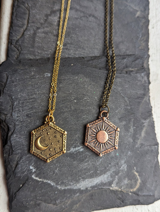 Double Sided Moon and Sun Necklace (Gold or Brass)