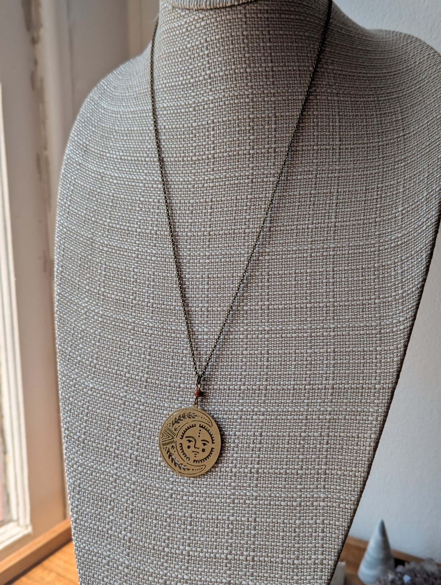 Brass Sun and Moon Red Goldstone Long Necklace