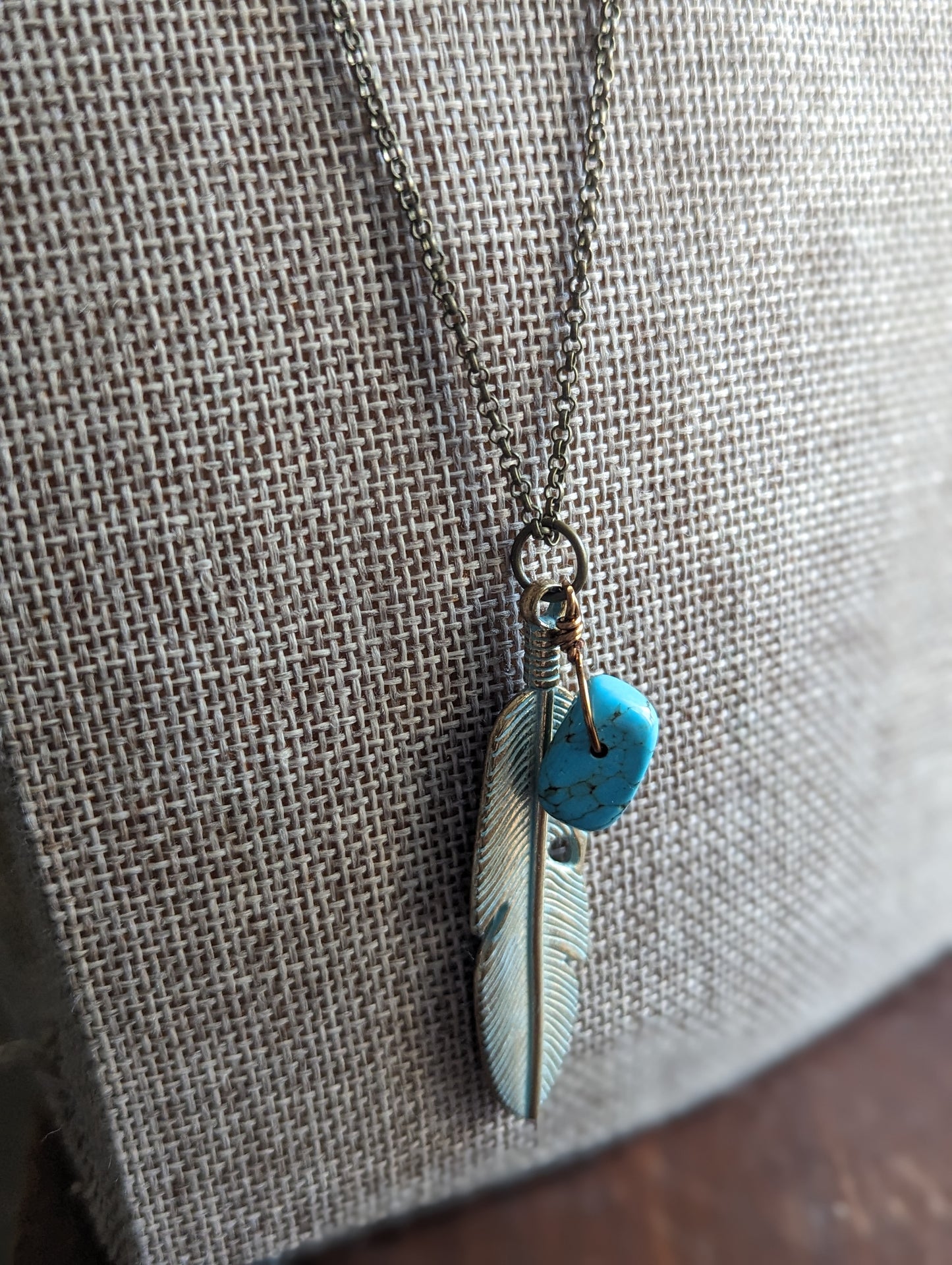 Gold-Brass Feather with Turquoise Necklace