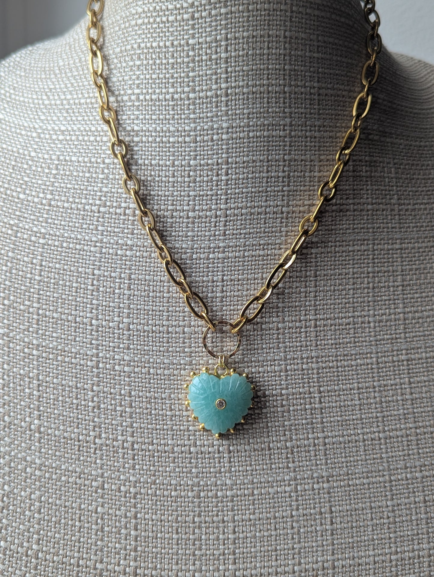 Carved Amazonite Large Heart Chunky Gold Necklace