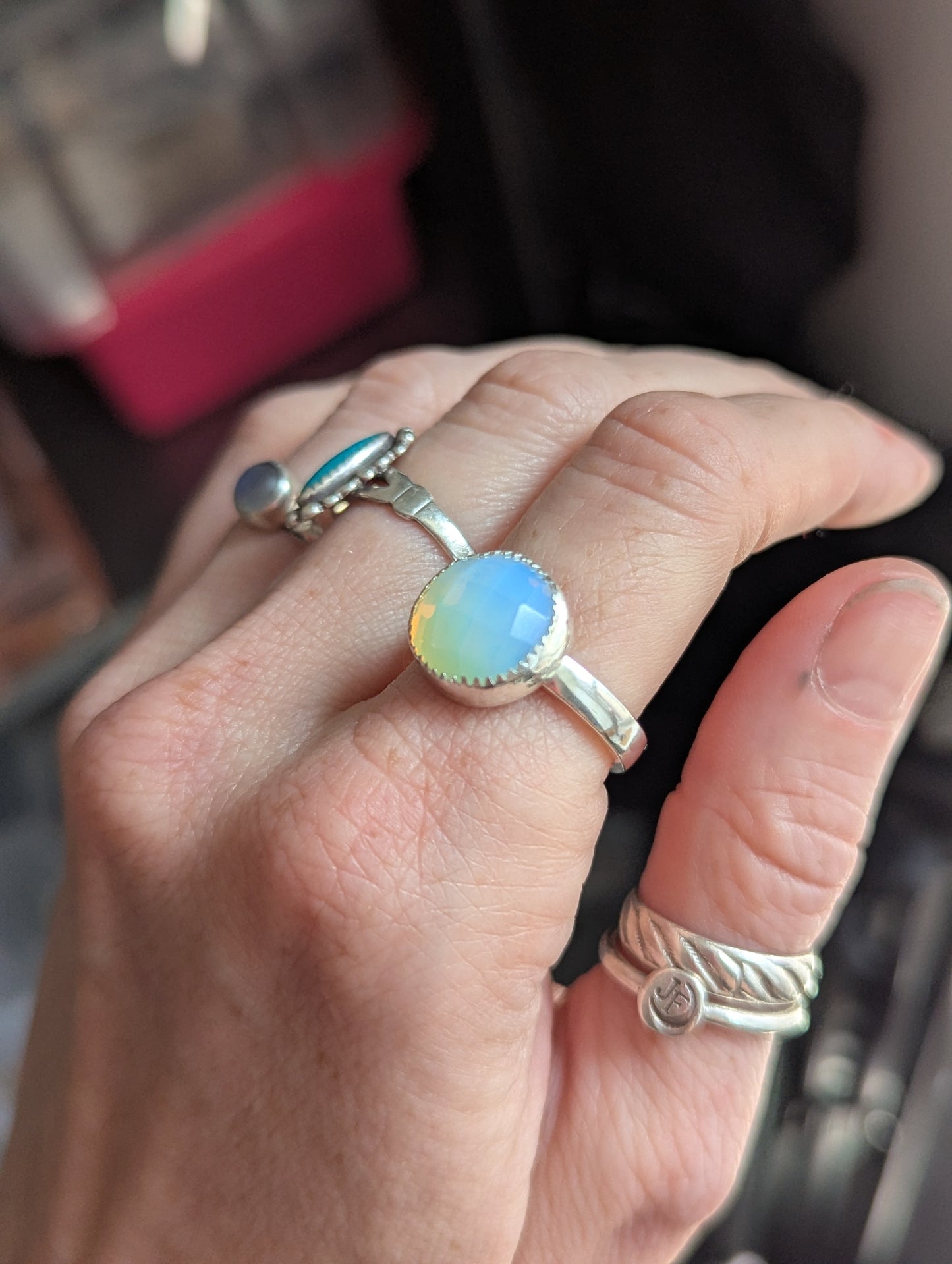 Faceted Opalite Round Silver Ring - Size 8