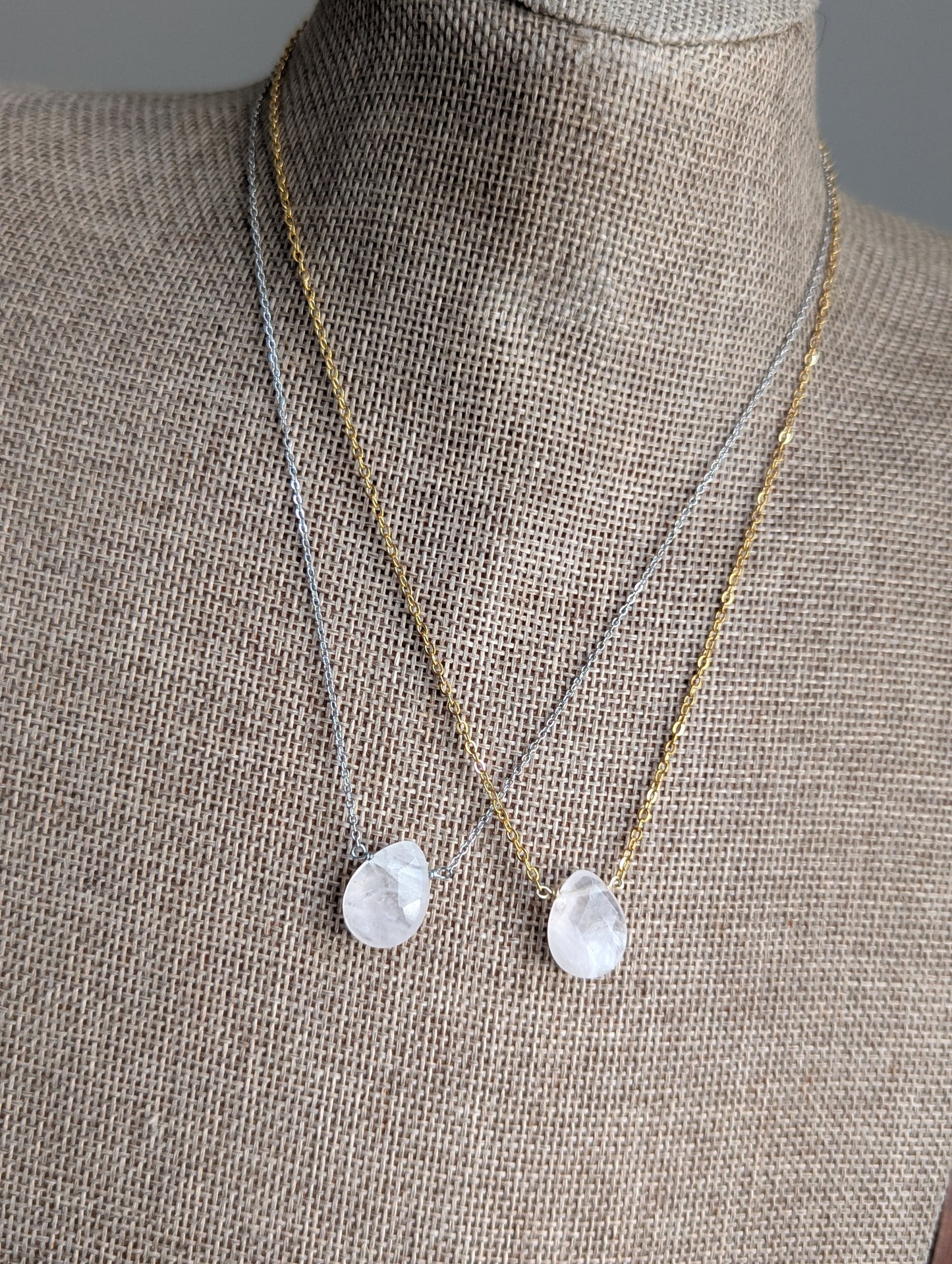 Faceted Rose Quartz Tear Drop Pendant on Stainless Steel (silver or gold)