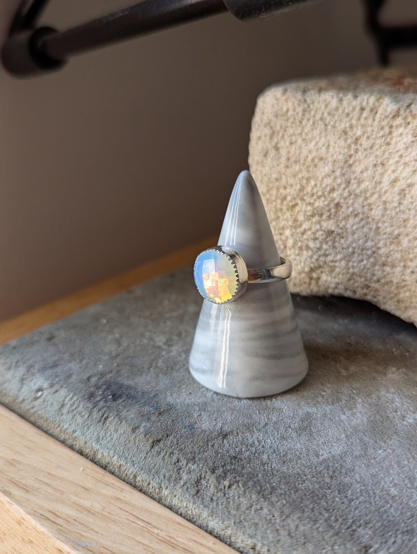 Faceted Opalite Round Silver Ring - Size 8