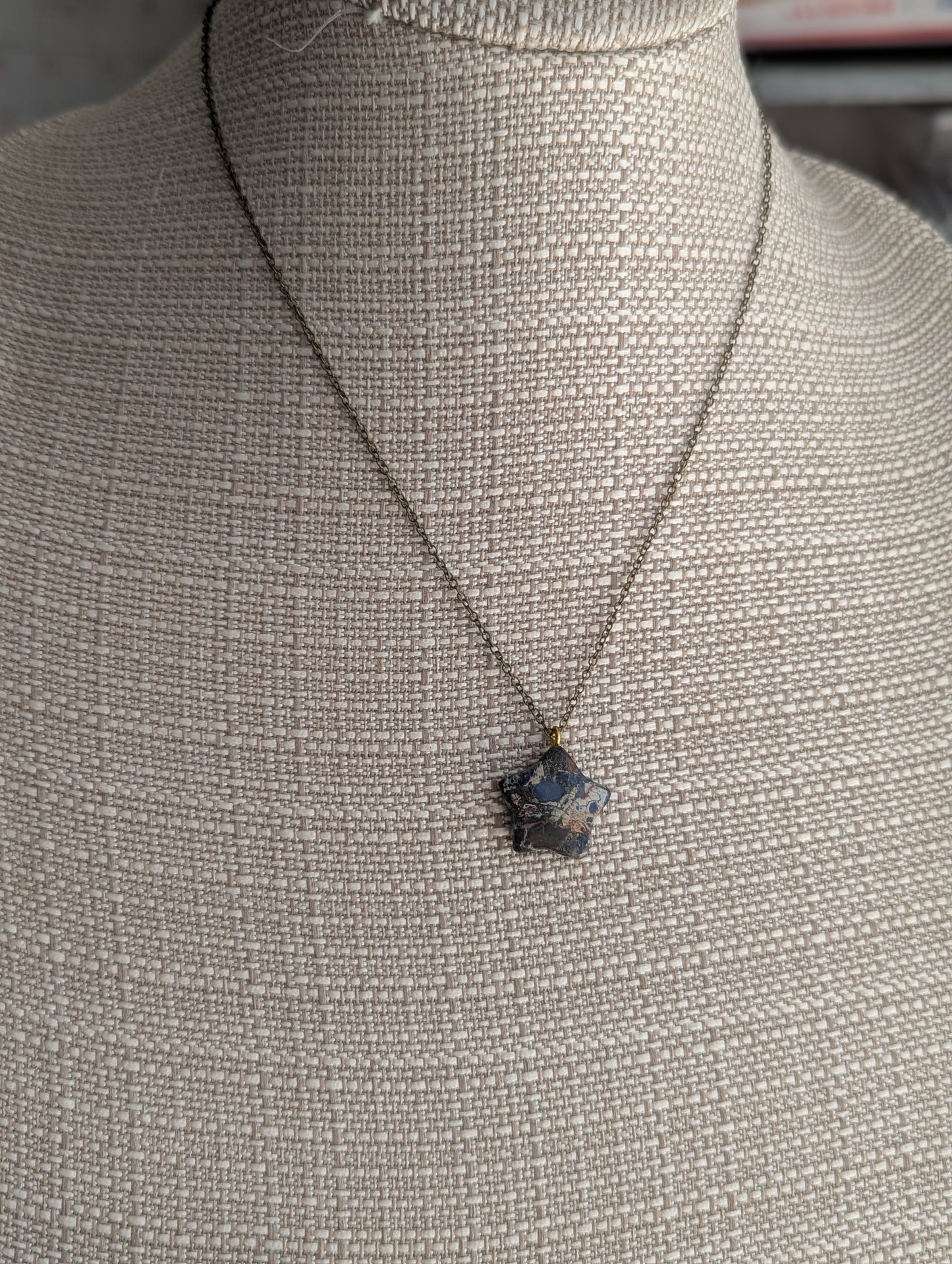 Blue Sea Sediment Jasper Star Brass Necklace