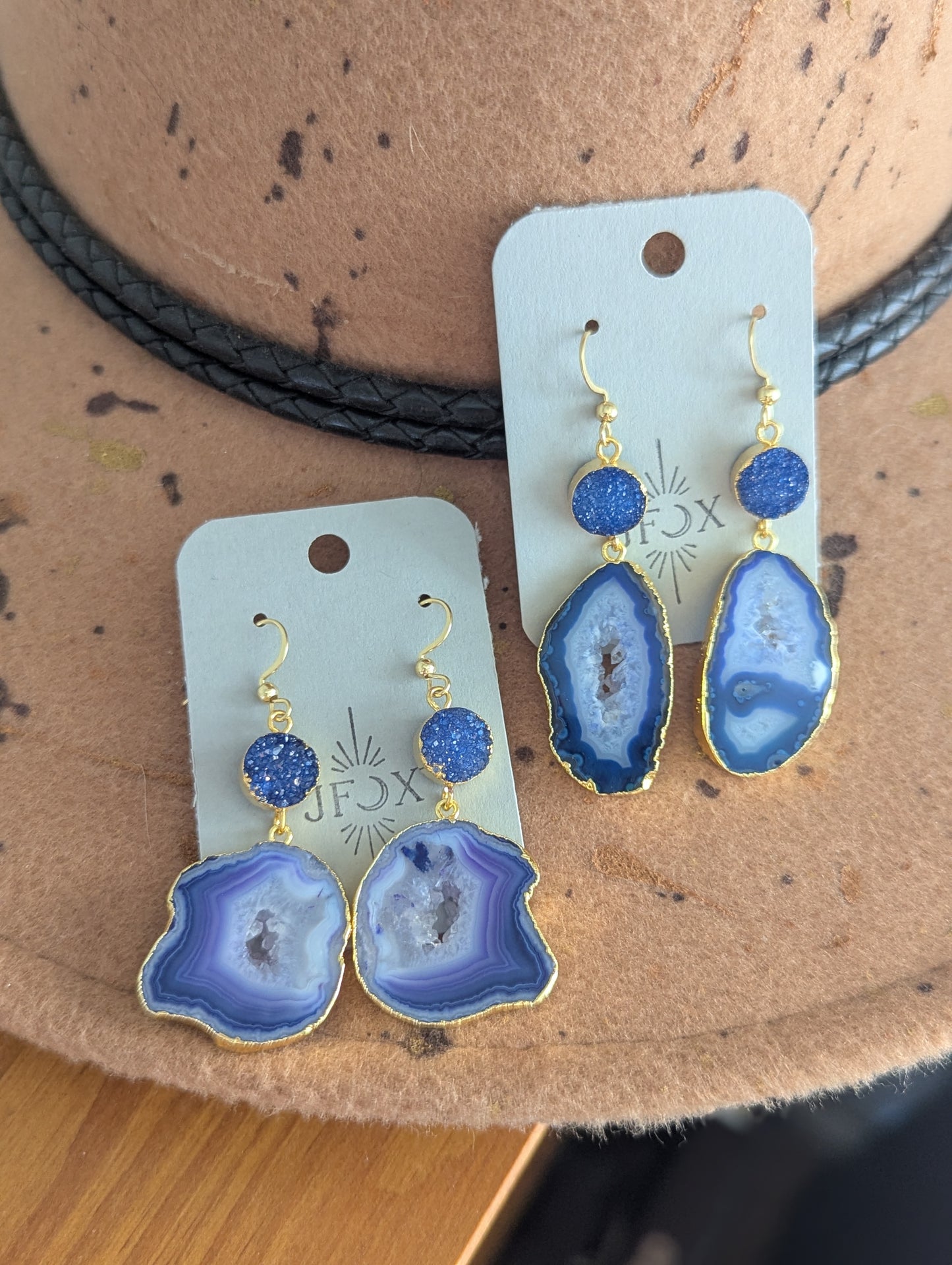 Blue Druzy and Agate Gold Earrings