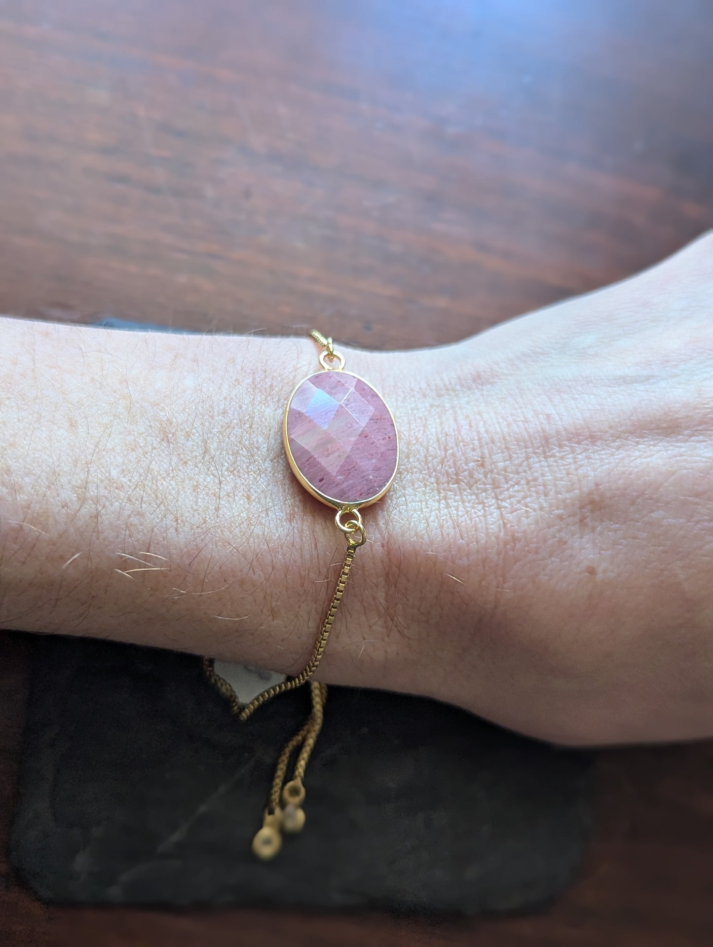 Faceted Rhodochrosite Adjustable Slide Bracelet (Silver or Gold)