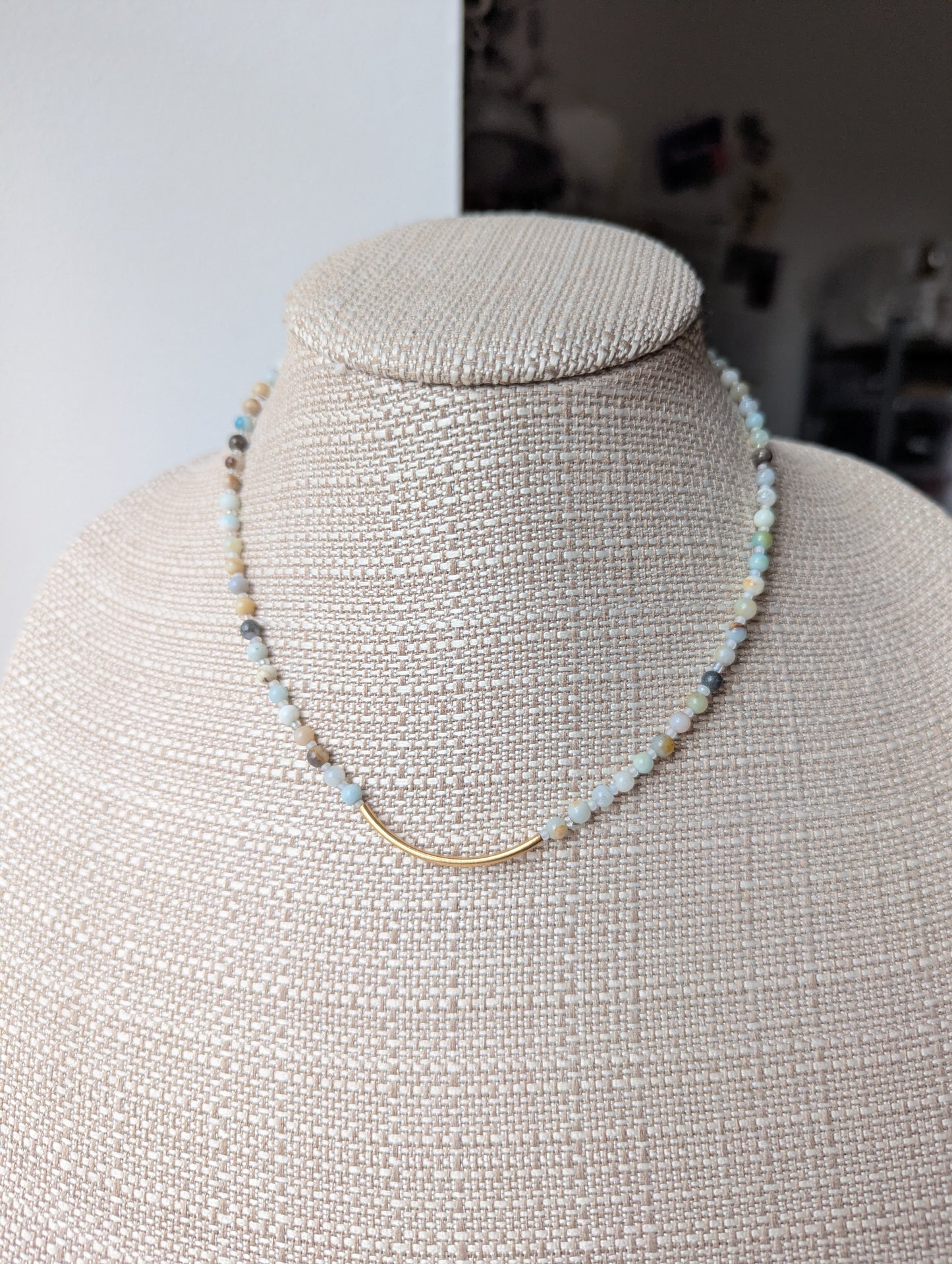 Amazonite Curved Bar Beaded Necklace (silver or gold)