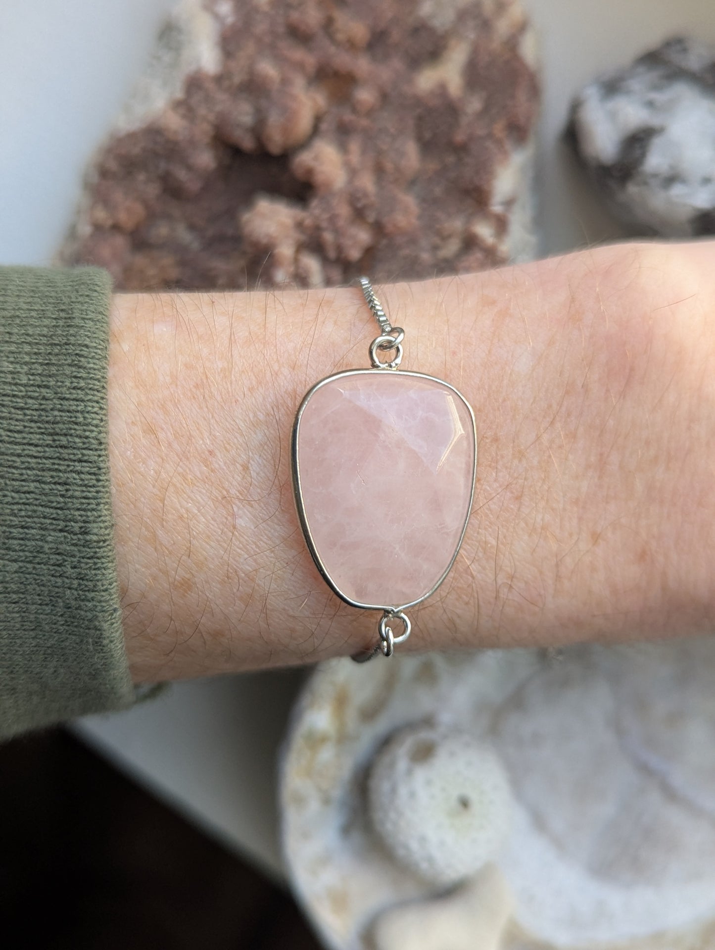 Large Faceted Rose Quartz Silver Slider Bracelet