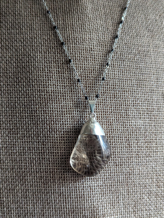 Smoky Quartz Pendant on Silver and Black Chain