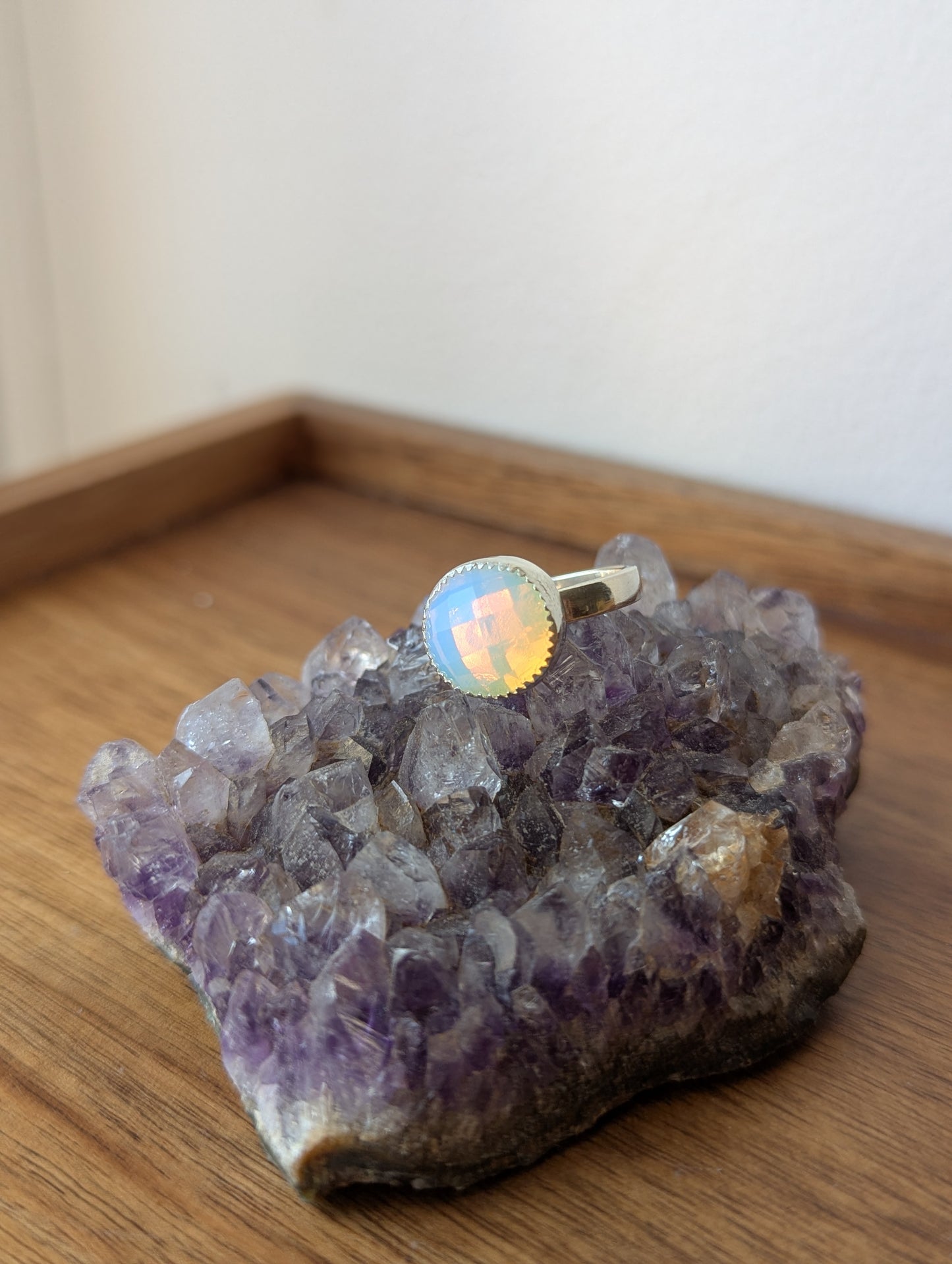 Faceted Opalite Round Silver Ring - Size 8