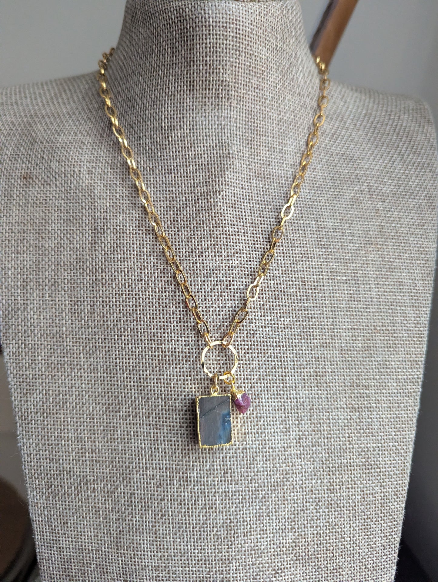 Labradorite and Pink Tourmaline Gold Necklace