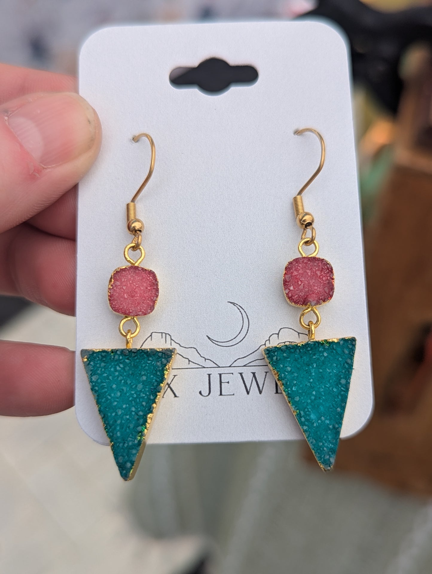 Pink and Teal Druzy Duo Gold Earrings