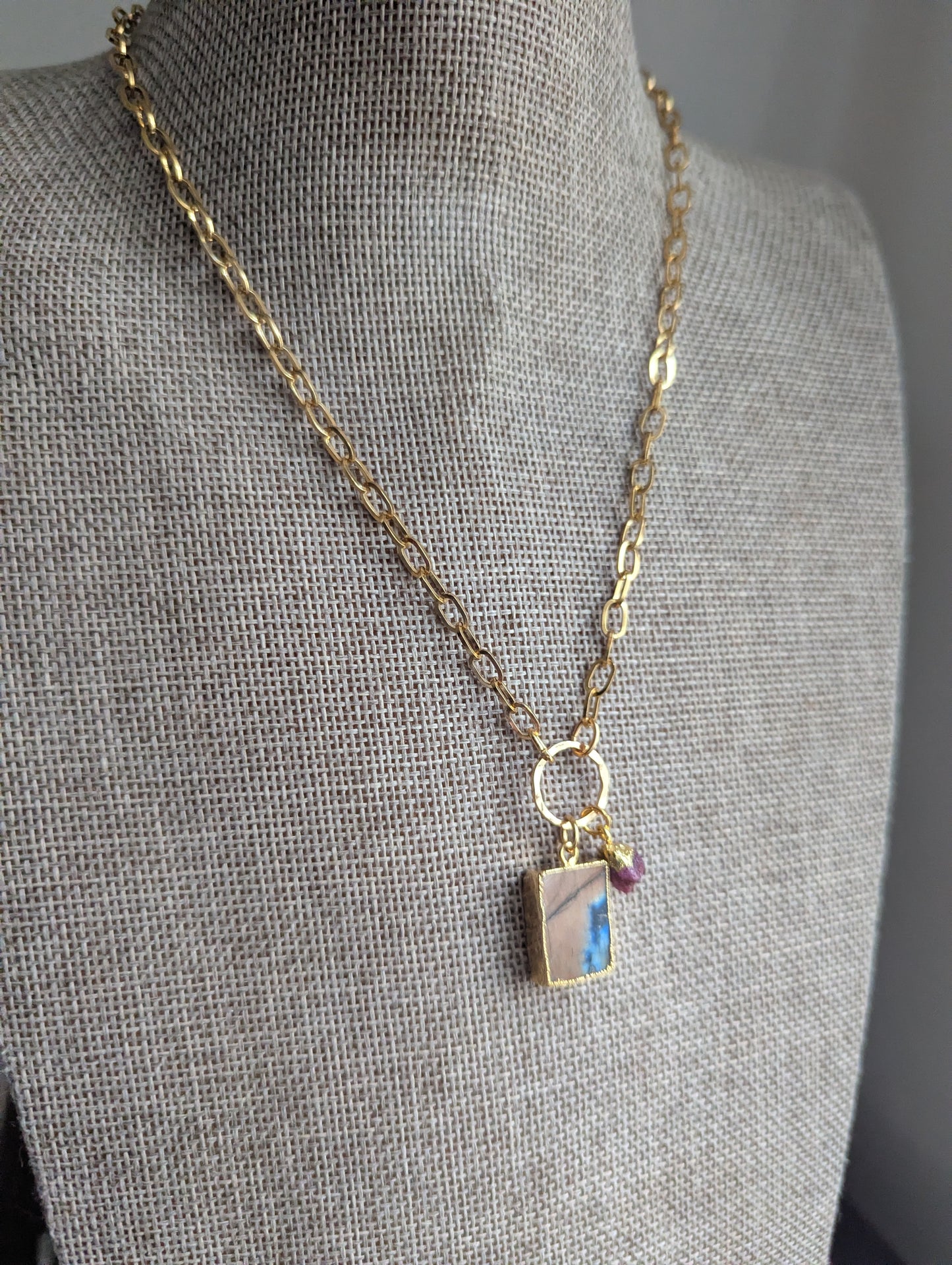 Labradorite and Pink Tourmaline Gold Necklace