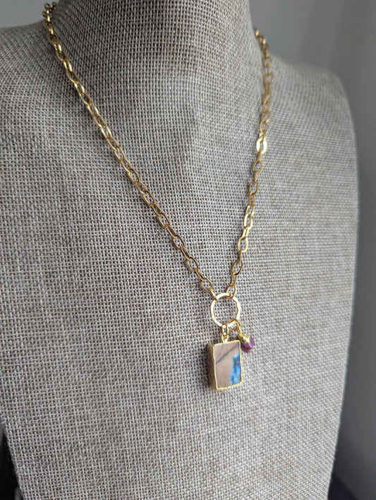 Labradorite and Pink Tourmaline Gold Necklace