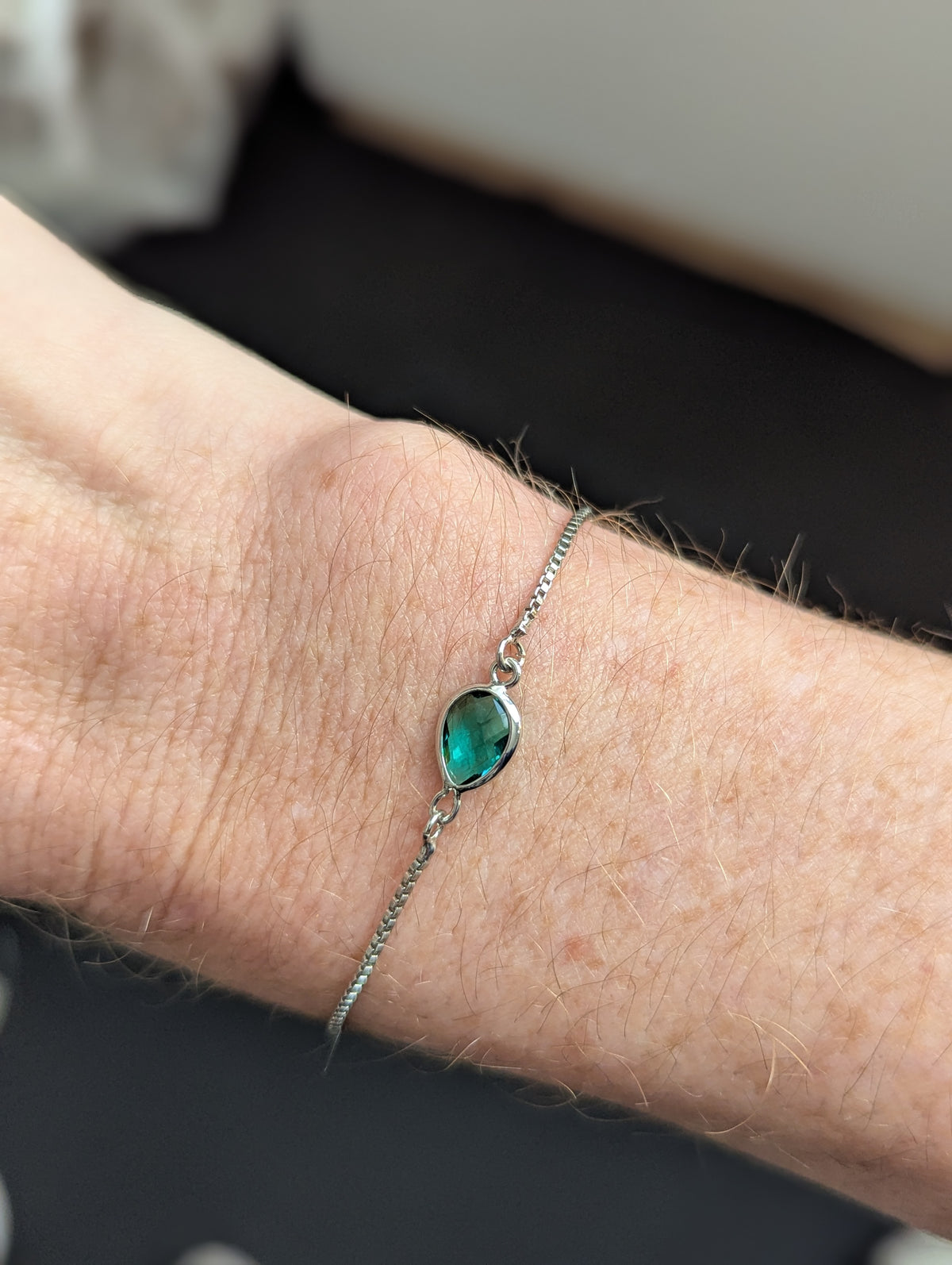 Emerald Green Tear Drop Silver Slider Bracelet