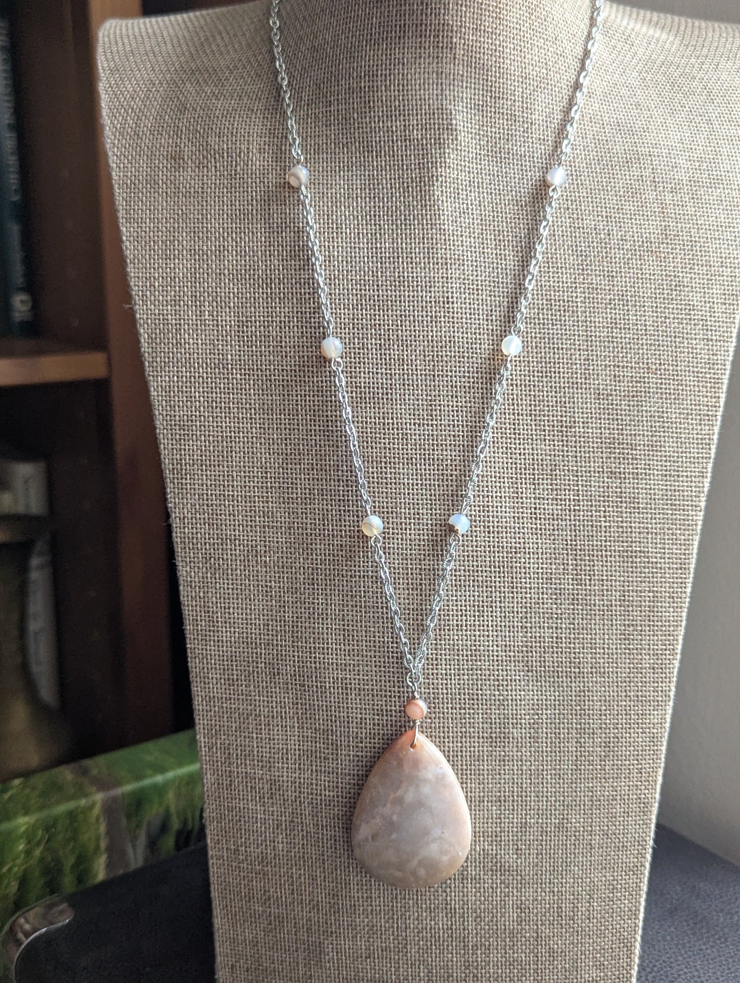 Fossilized Coral and Agate Beaded SIlver Necklace