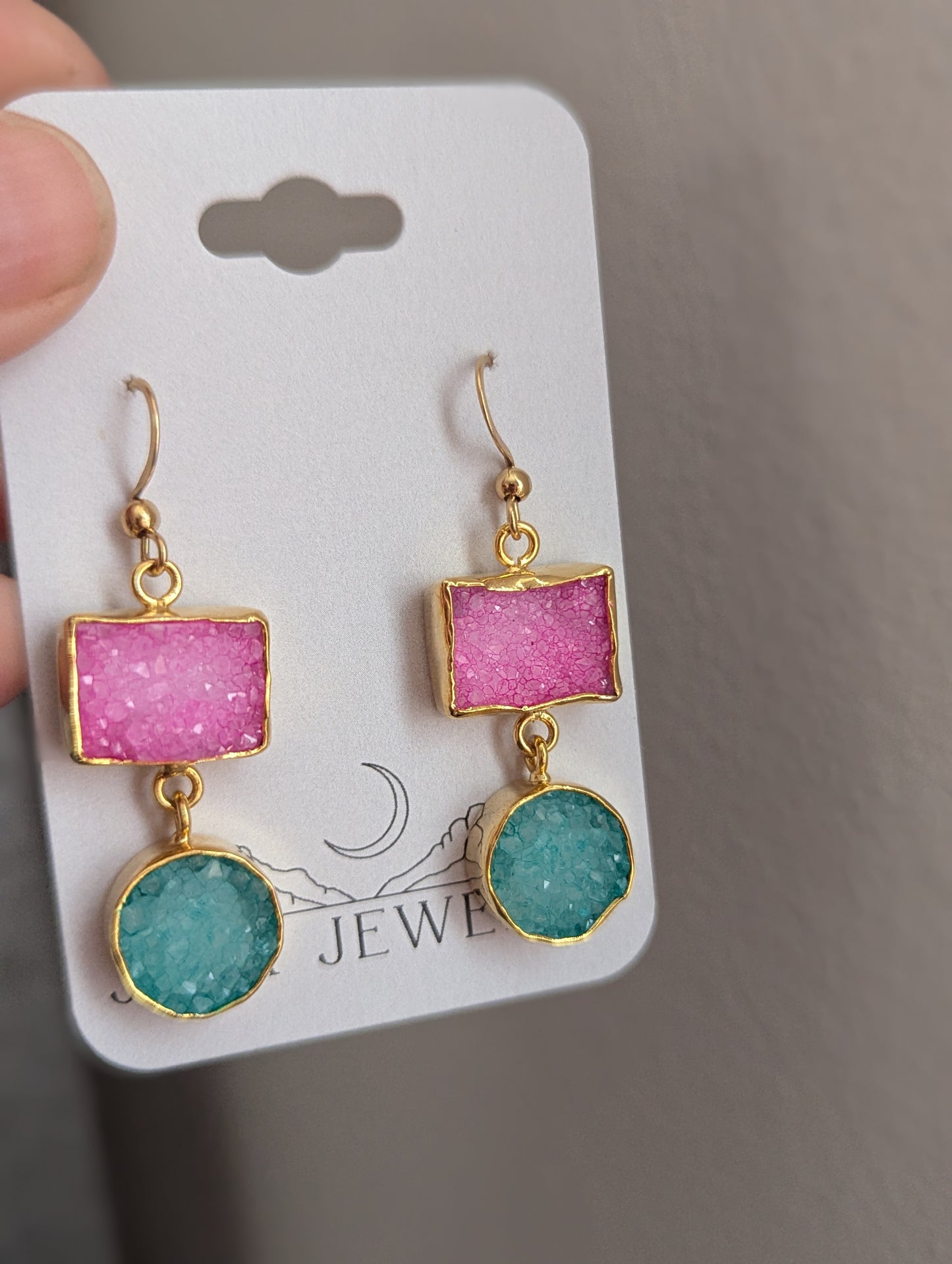 Turquoise and Pink Druzy Duo Gold Earrings