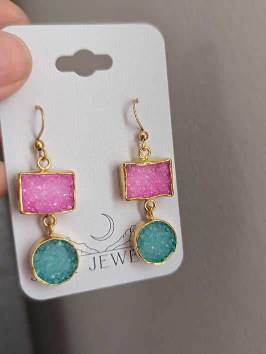 Turquoise and Pink Druzy Duo Gold Earrings