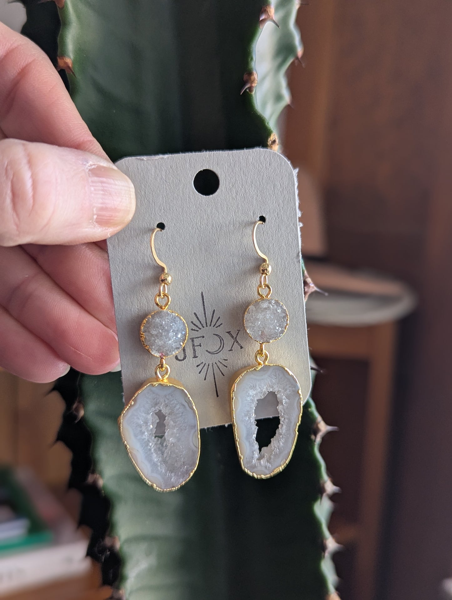 White Druzy and Agate Gold Earrings