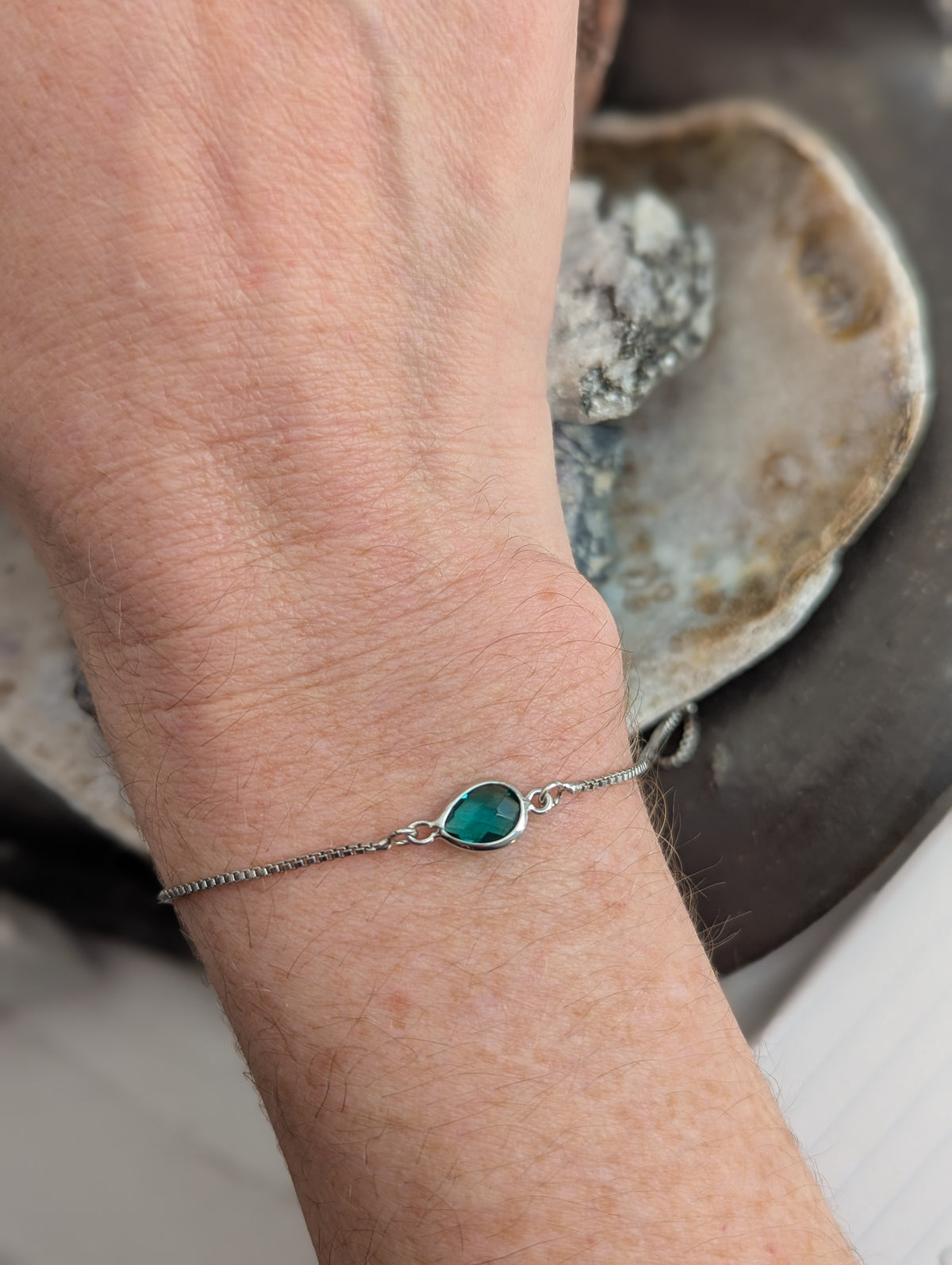 Emerald Green Tear Drop Silver Slider Bracelet