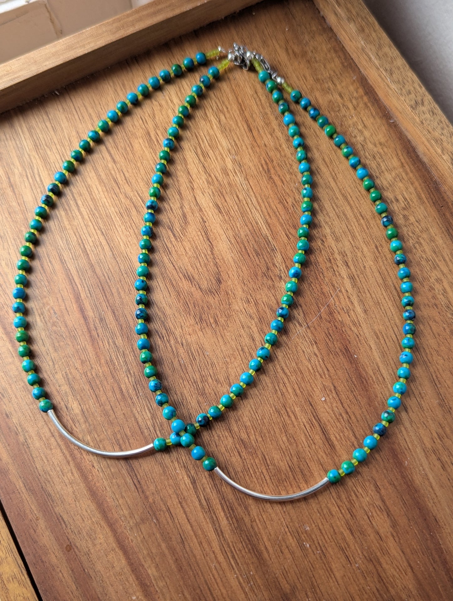 Azurite Chrysocolla Silver Curved Bar Necklace