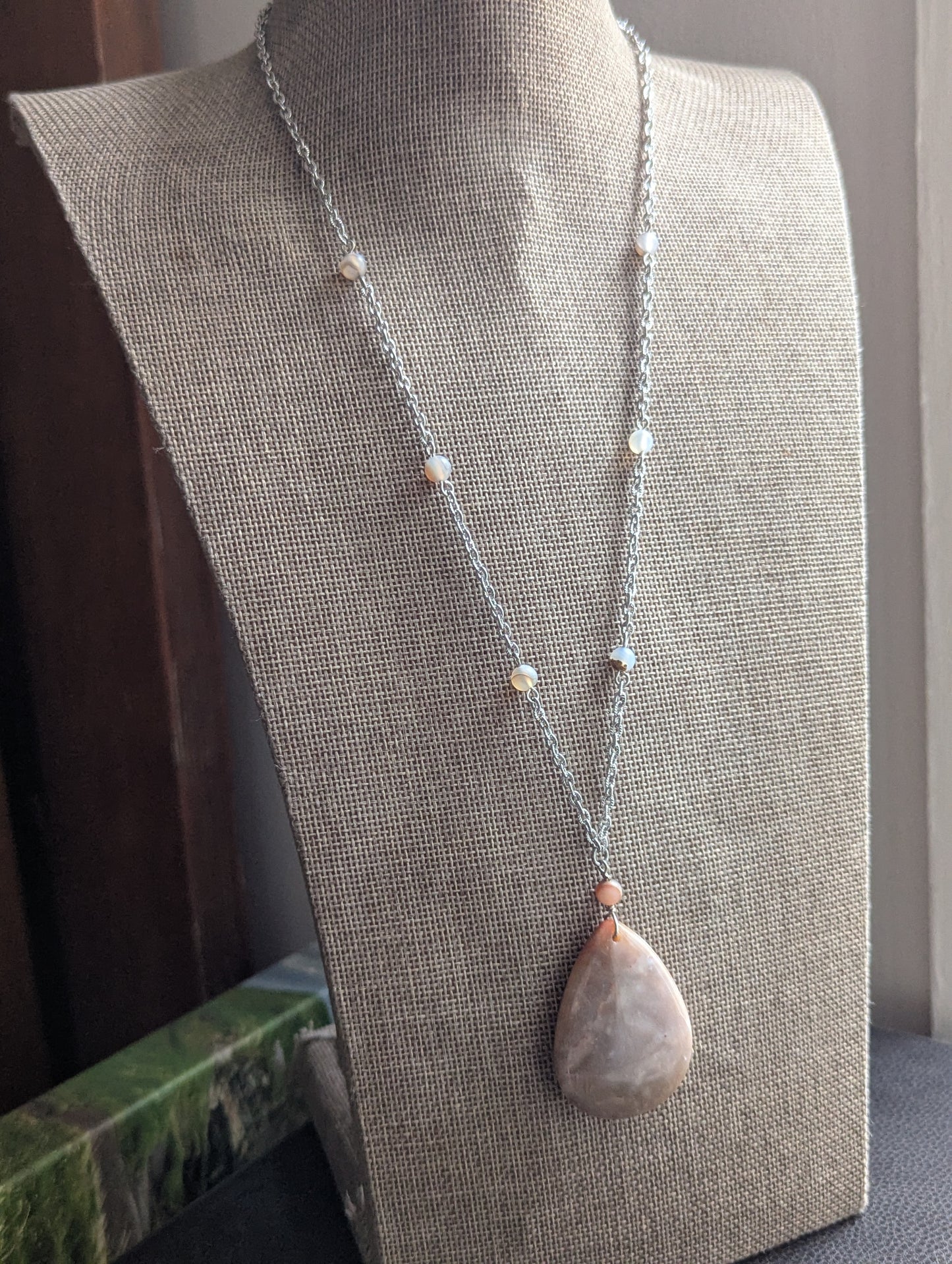 Fossilized Coral and Agate Beaded SIlver Necklace