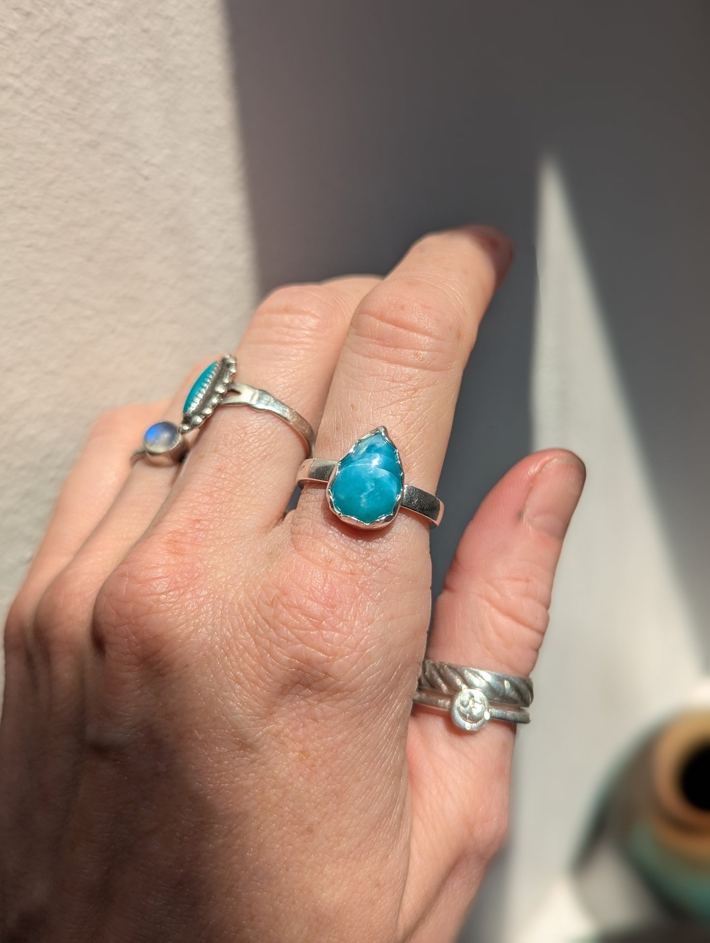 Larimar Tear Drop Sterling Silver Ring - Size 8.5
