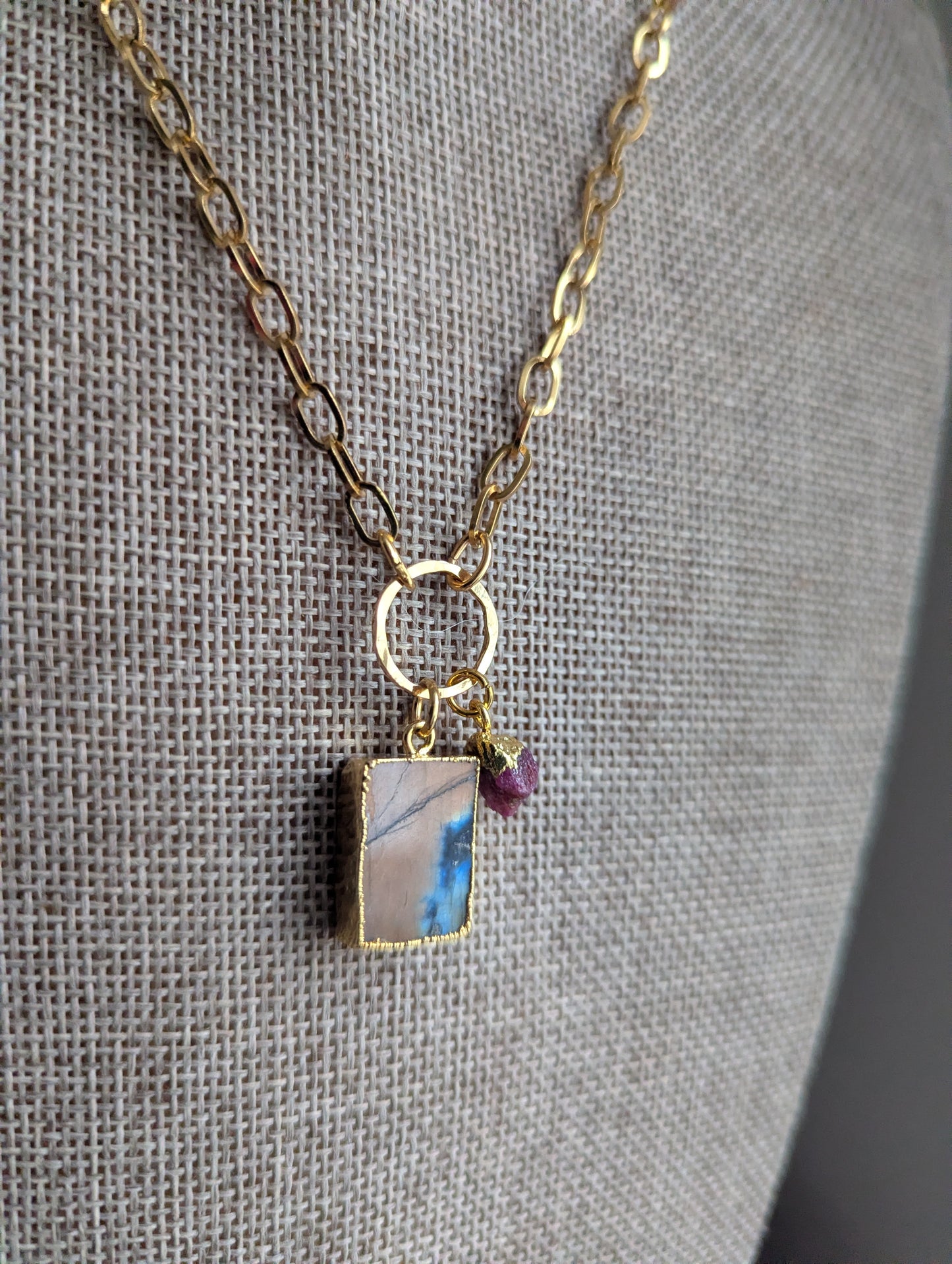 Labradorite and Pink Tourmaline Gold Necklace