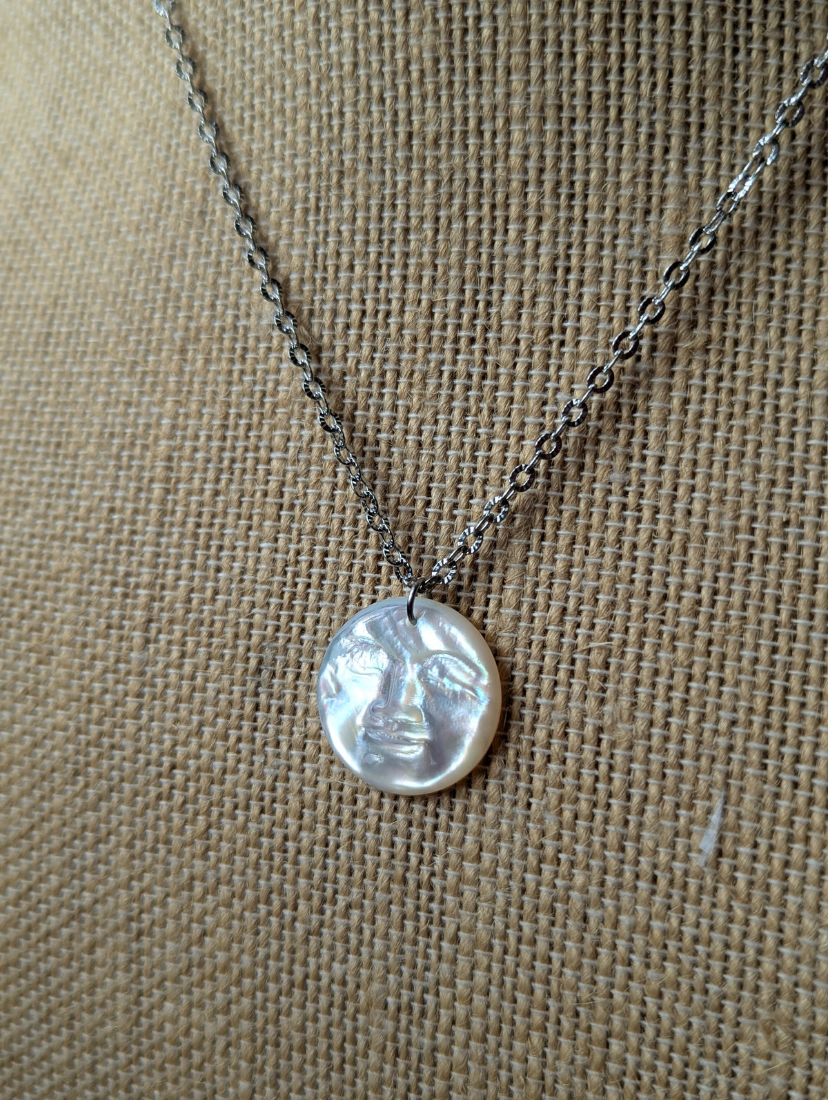 Carved Mother of Pearl Full Moon Necklace (Gold or Silver)
