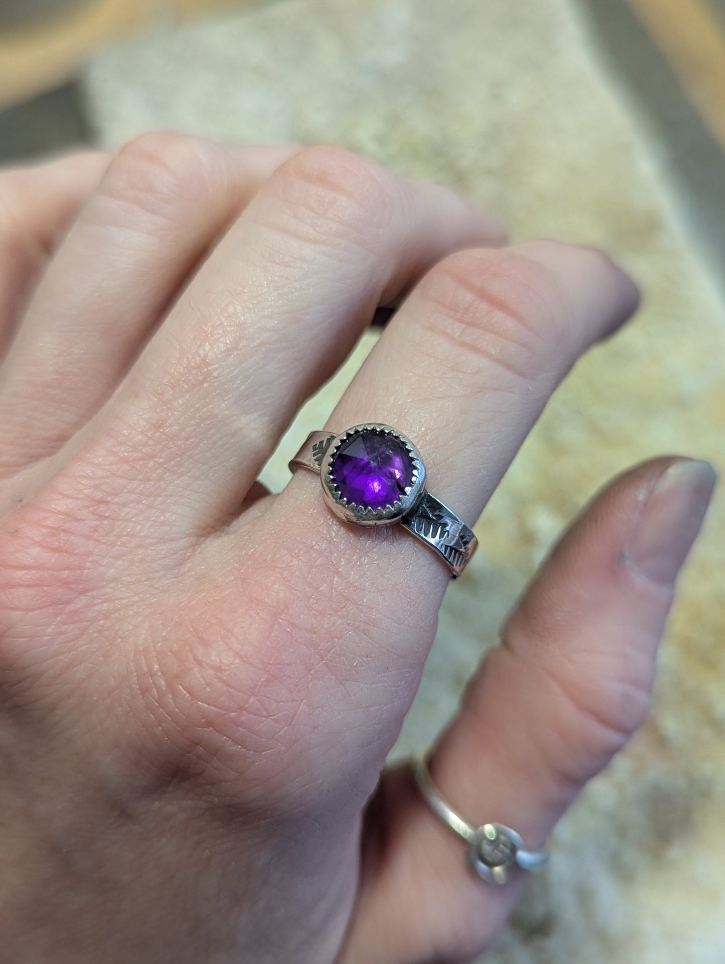 Faceted Round Amethyst Sterling SIlver Ring - Size 8.5