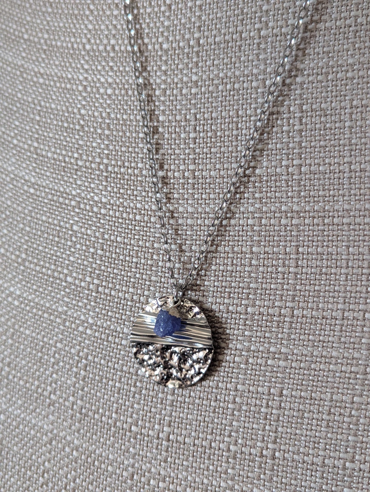 Silver Round Textured Raw Gemstone Silver Necklace