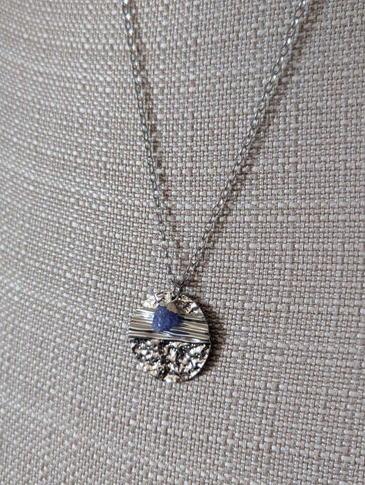 Silver Round Textured Raw Gemstone Silver Necklace
