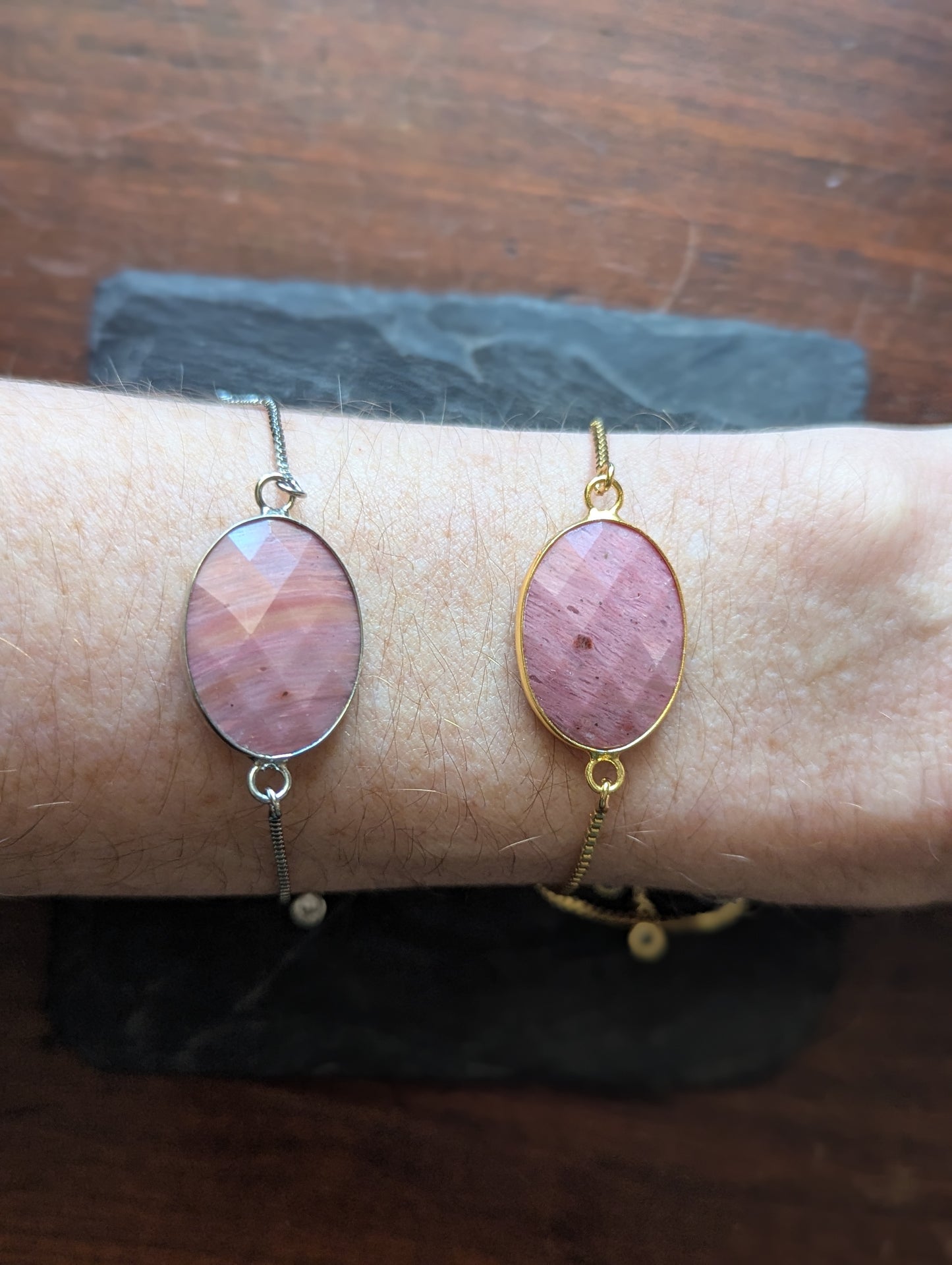 Faceted Rhodochrosite Adjustable Slide Bracelet (Silver or Gold)