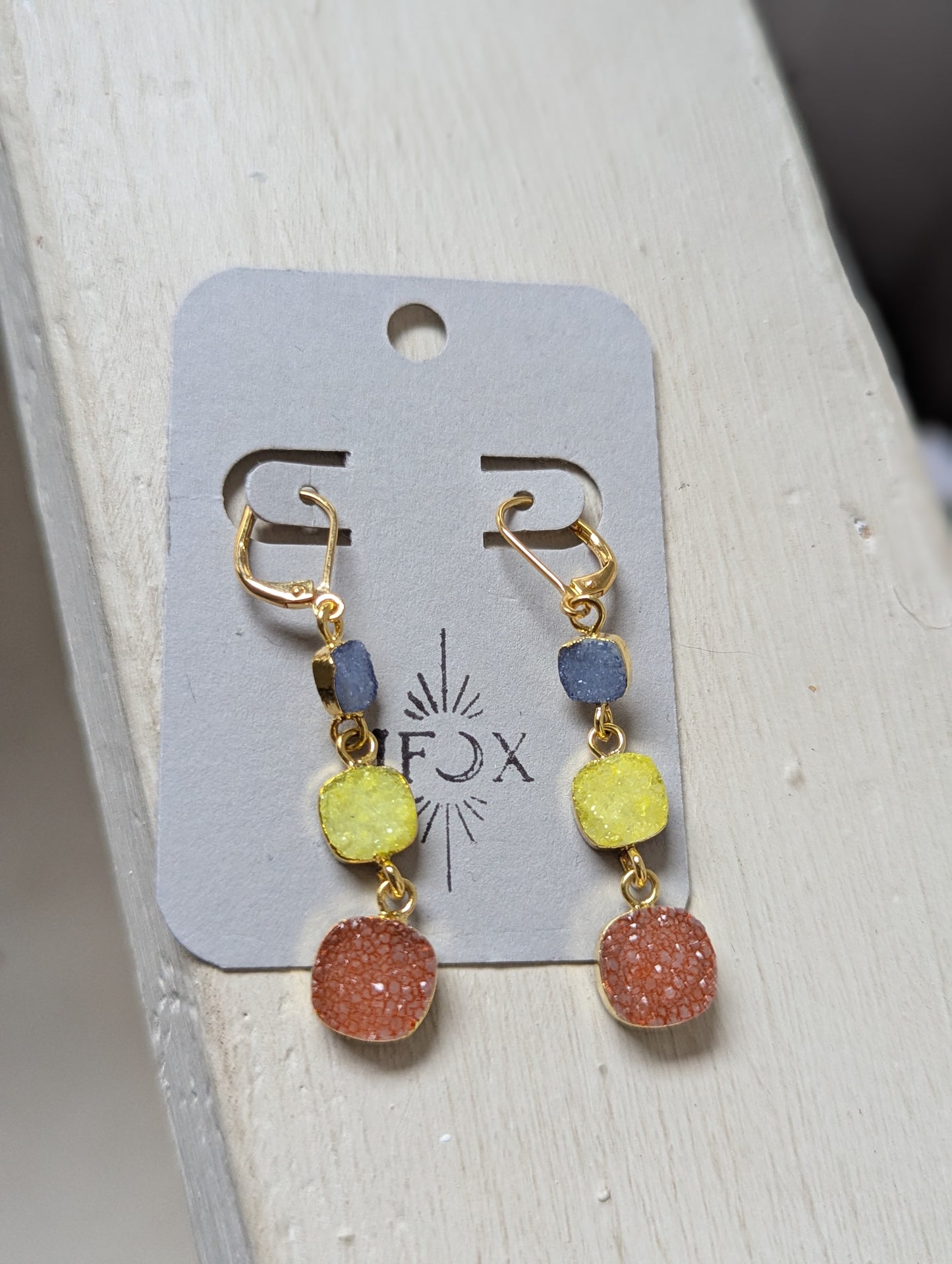Yellow, Orange, Blue Druzy Trio Gold Hoop Earrlings
