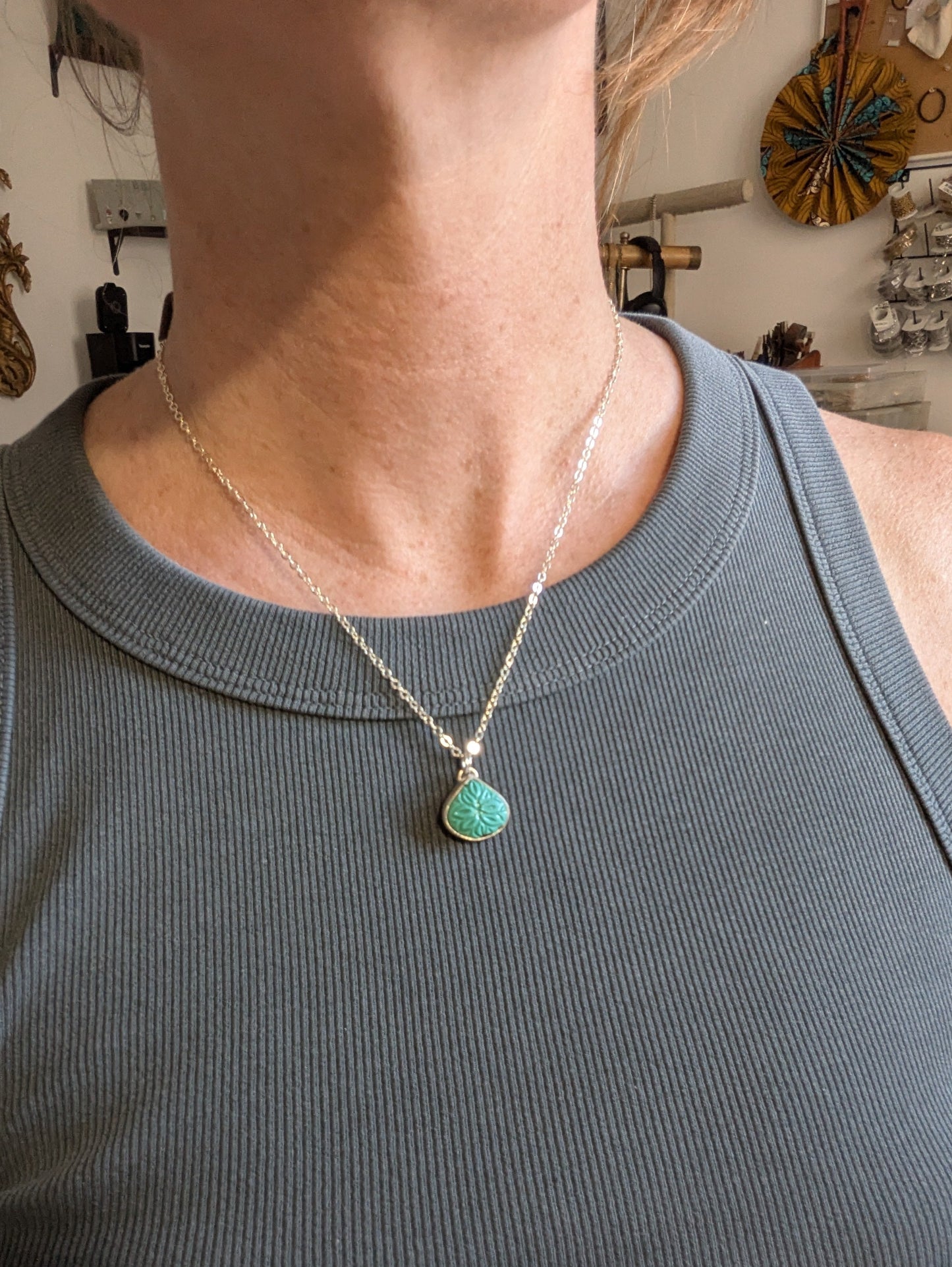 Carved Mandala Turquoise Tear Drop Sterling Silver Necklace