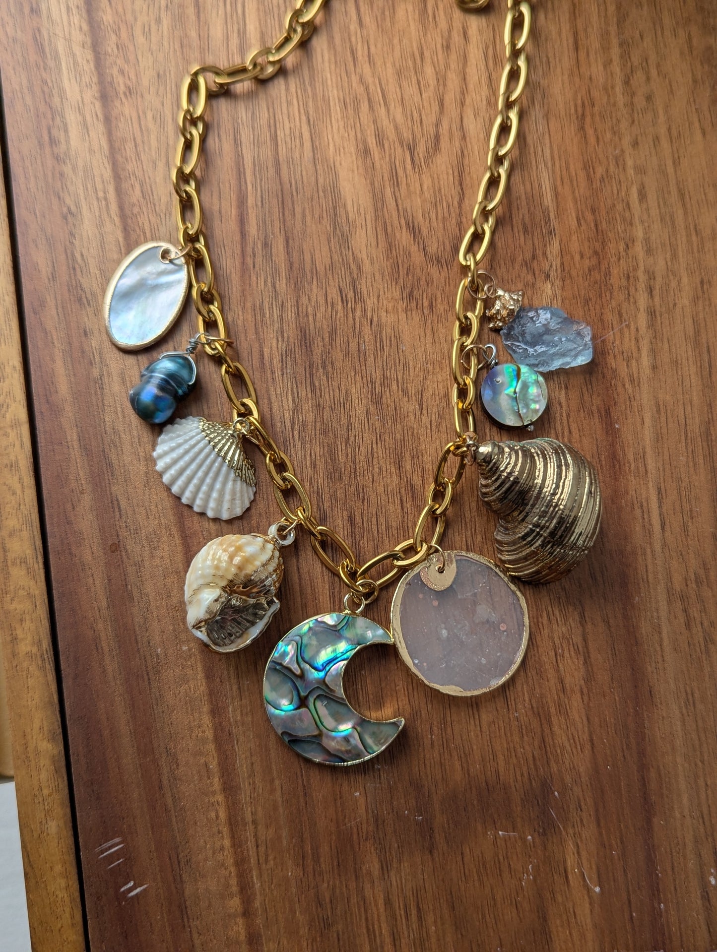 Moon Mermaid Shell Beachy Vibes Gold Charm Necklace