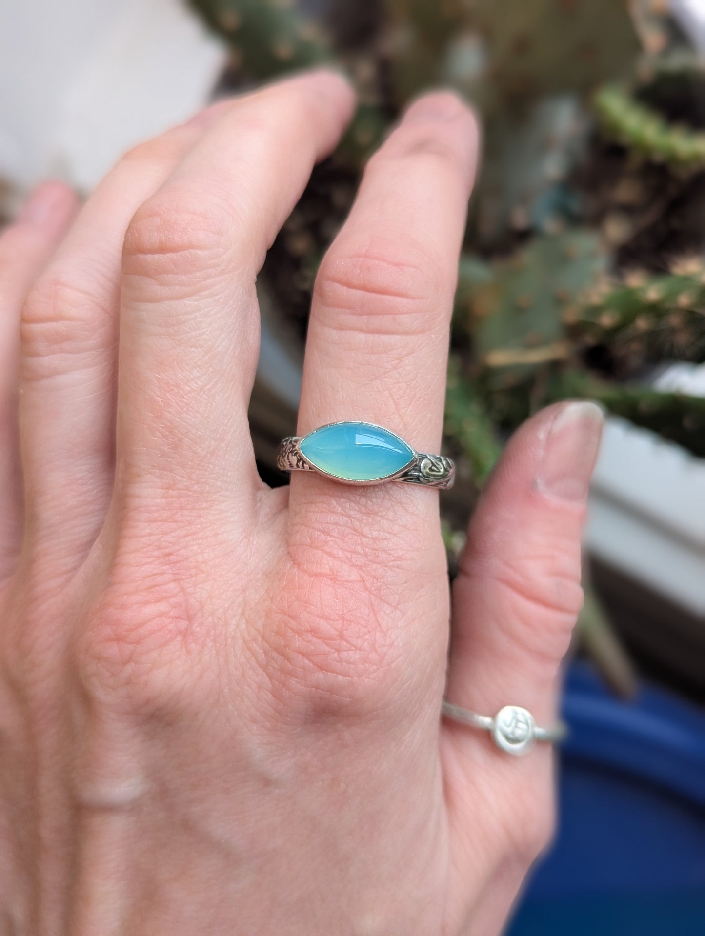 Aqua Chalcedony Marquise Sterling Silver Ring - Size 10.5